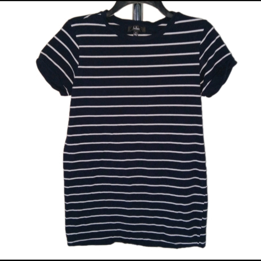 Lulus Navy/ White Horizontal Striped Short Cuffed Sleeve Mini Dress Small